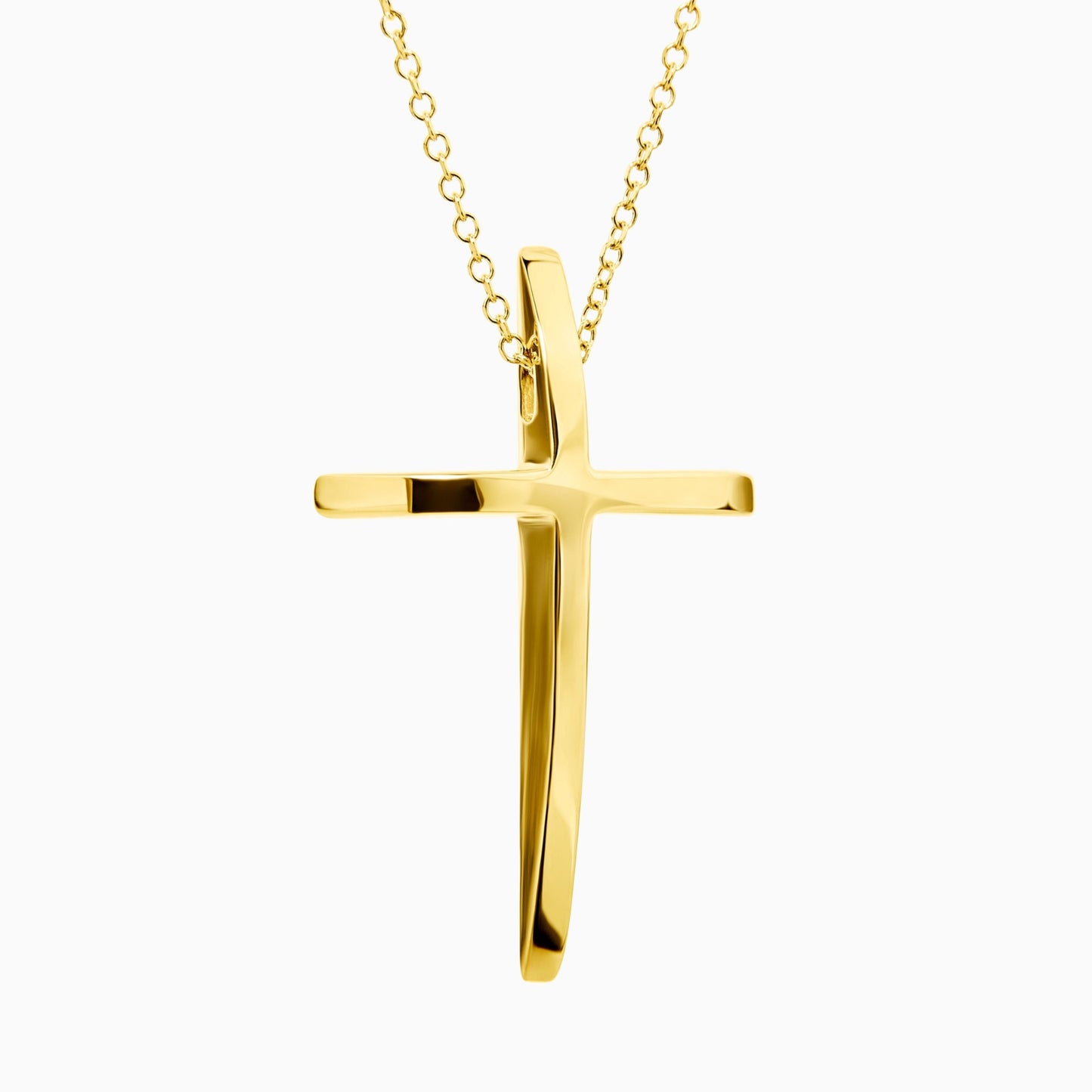 Gold cross pendant on a chain against a white background