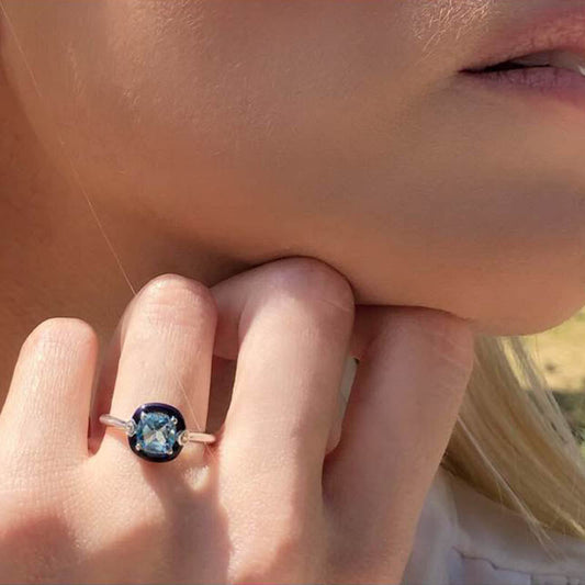 Diamond & Cushion Swiss Blue Topaz Solitaire Ring in 18K White Gold & Enamel