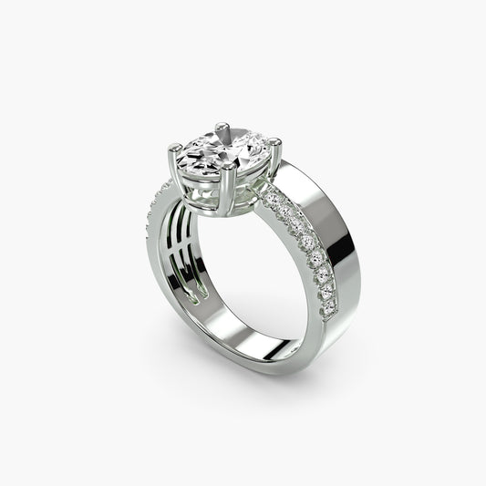 Wide Band Solitaire with Pavé Band in White Gold