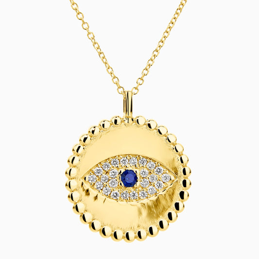 Sapphire Evil Eye Diamond Pendant Necklace in Yellow Gold