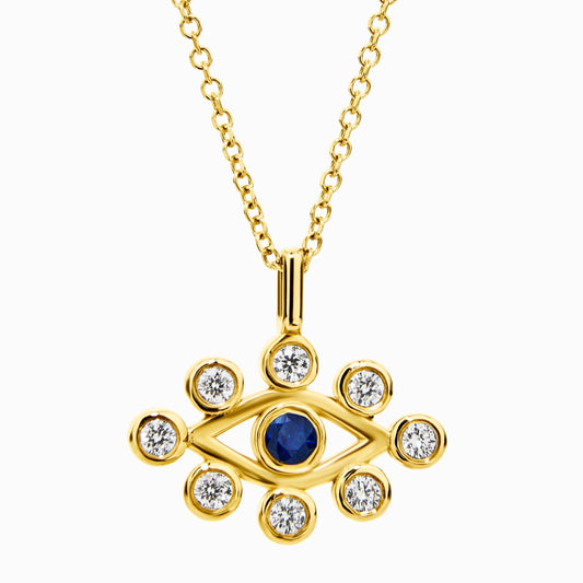Eye Bezel Diamond & Sapphire Necklace in Yellow Gold