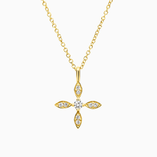 Petit Antique Diamond Cross Necklace (0.06ct) in Yellow Gold