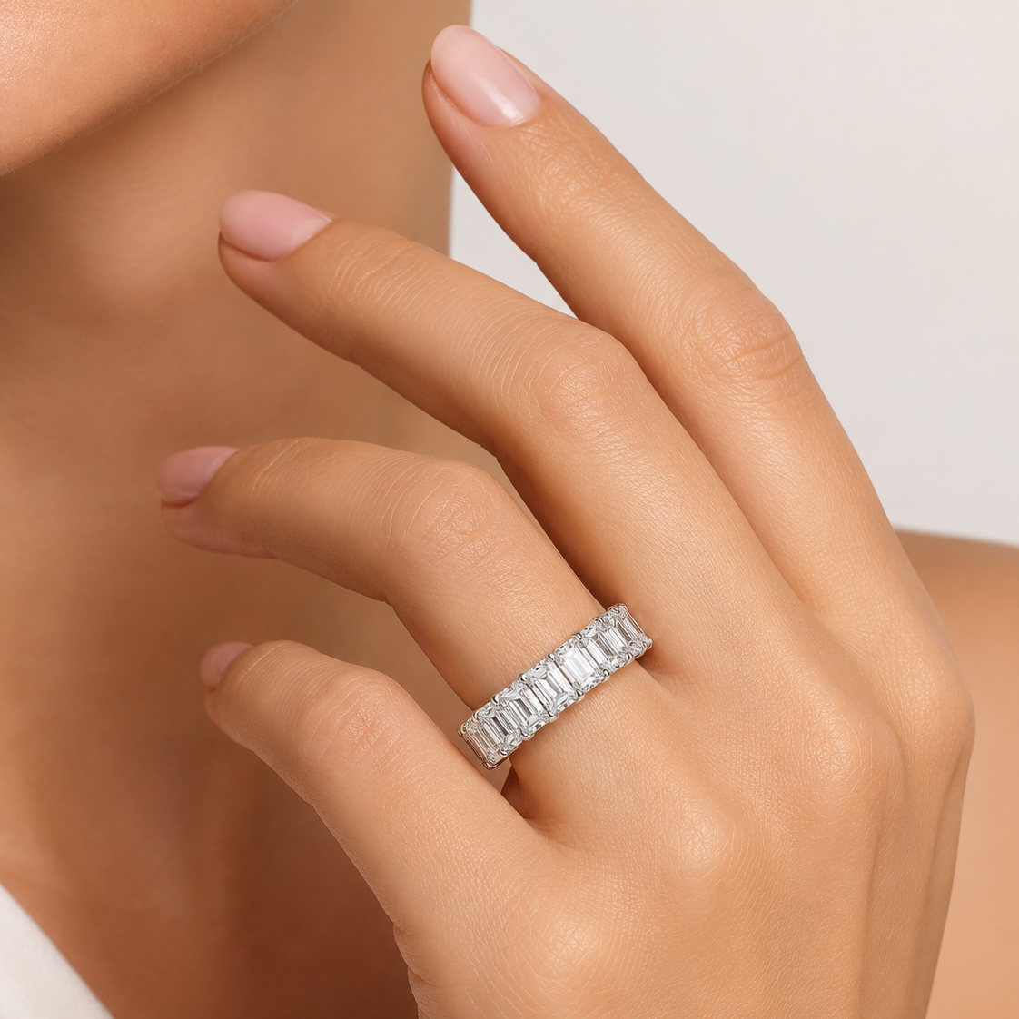 Emerald Cut Diamond Eternity Ring (10.14ct) in White Gold