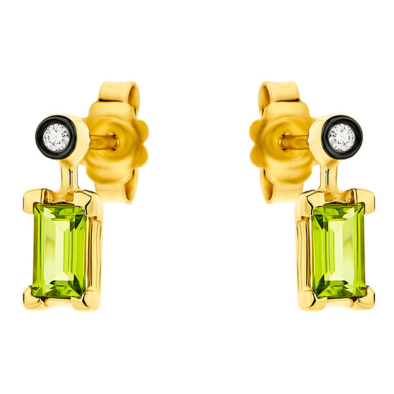 Diamond & Baguette Green Peridot Earrings in 18K Yellow Gold