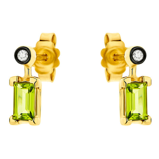 Diamond & Baguette Green Peridot Earrings in 18K Yellow Gold