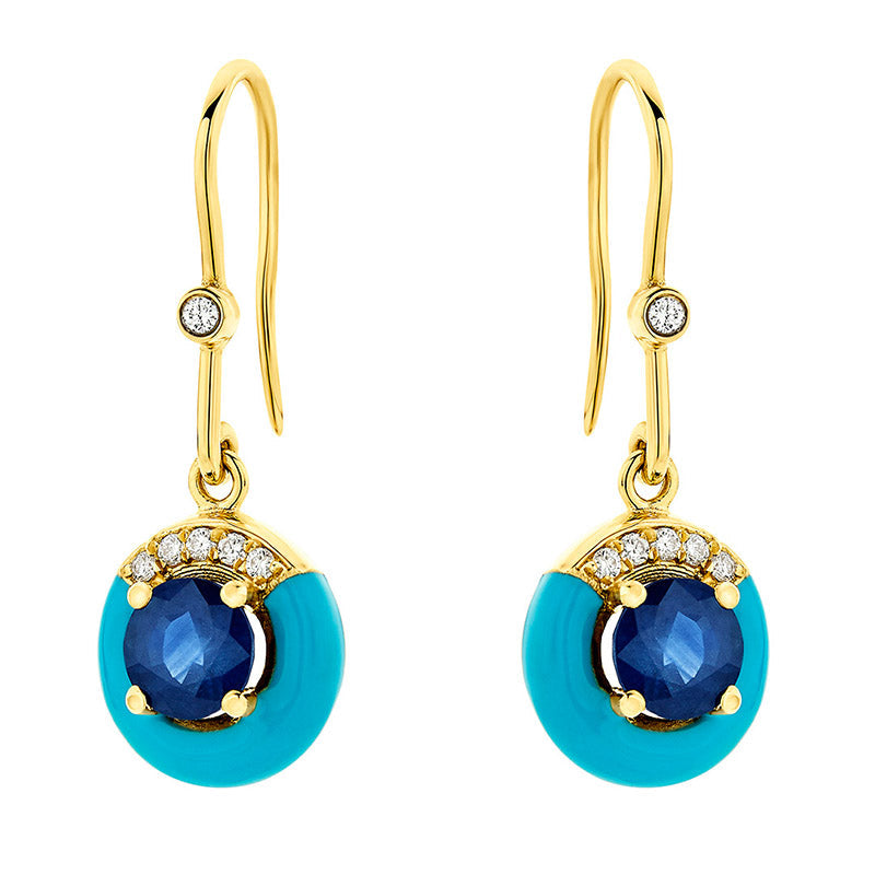 Diamond & Blue Sapphire Earrings in 18K Yellow Gold with Enamel