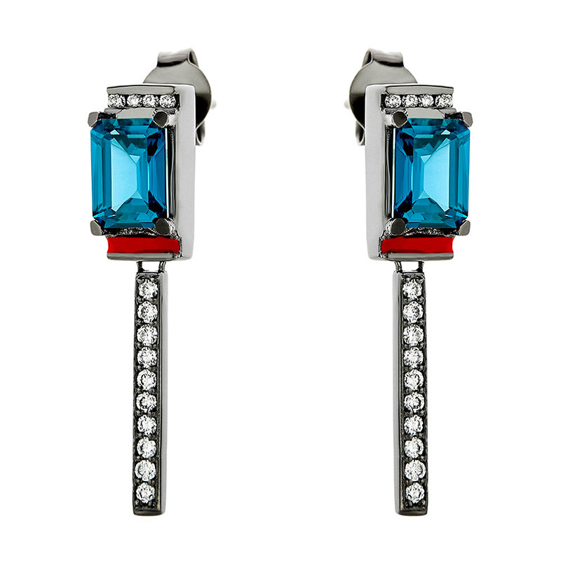 Futuro Diamond & Blue Topaz Earrings in 18K Blackened White Gold with Enamel