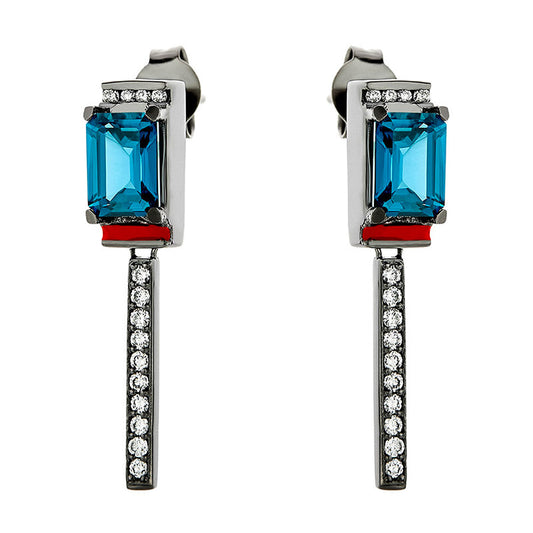Futuro Diamond & Blue Topaz Earrings in 18K Blackened White Gold with Enamel