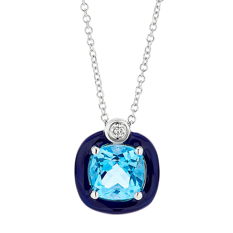 Diamond & Cushion Swiss Blue Topaz Necklace in 18K White Gold & Enamel