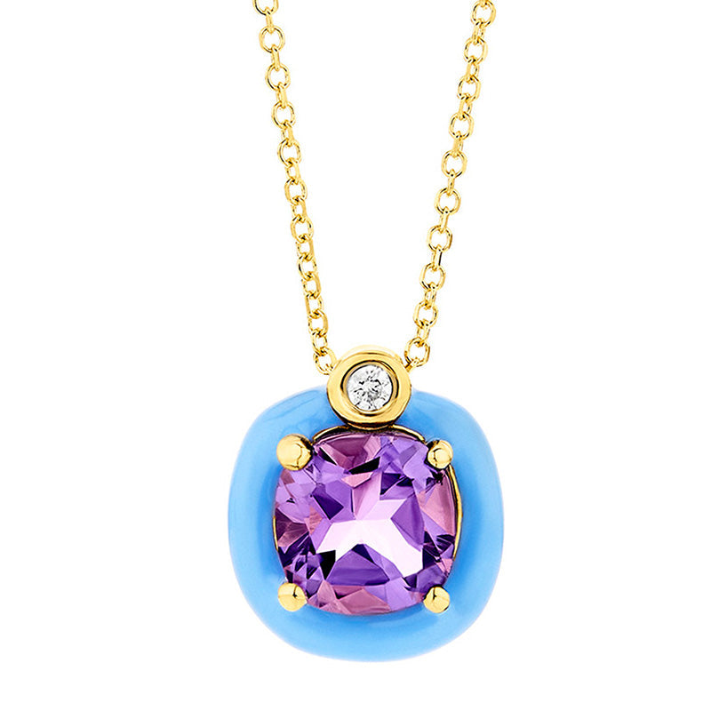 Diamond & Cushion Amethyst Necklace in 18K Yellow Gold & Enamel