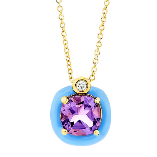 Diamond & Cushion Amethyst Necklace in 18K Yellow Gold & Enamel