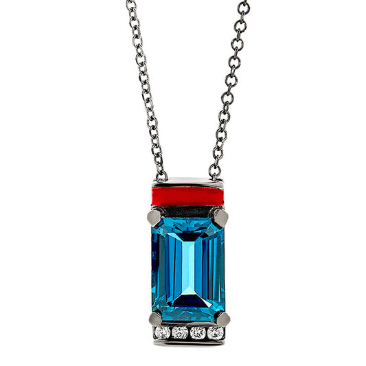 Futuro Diamond & London Blue Topaz Necklace in 18K Blackened White Gold & Enamel