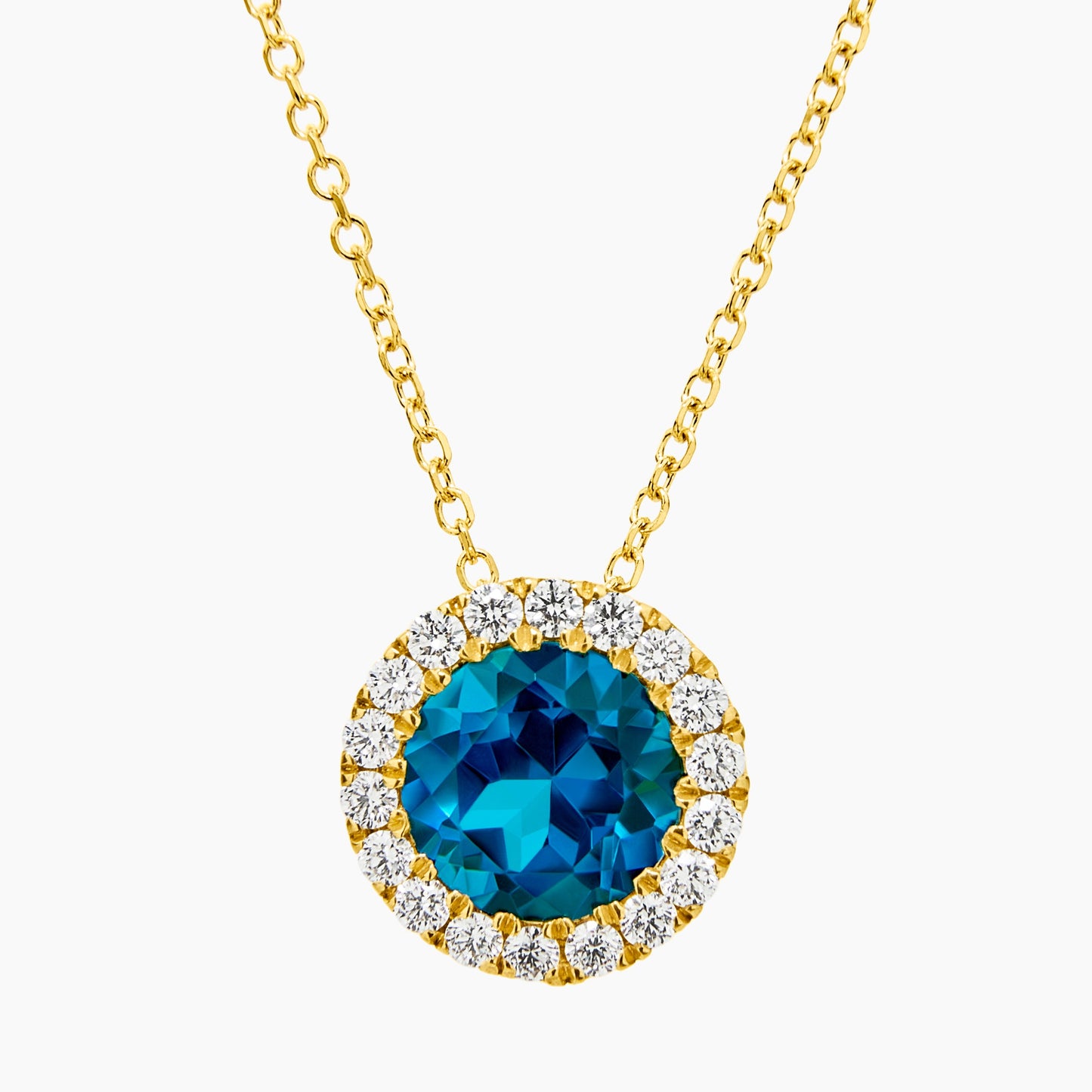 Blue Topaz & Diamond Halo Pendant Necklace in Yellow Gold