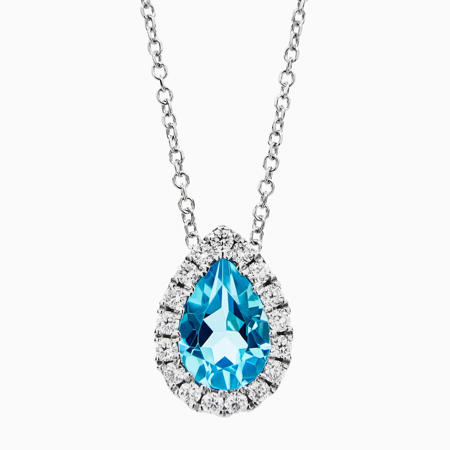 Pear Cut Blue Topaz & Diamond Halo Pendant Necklace in White Gold