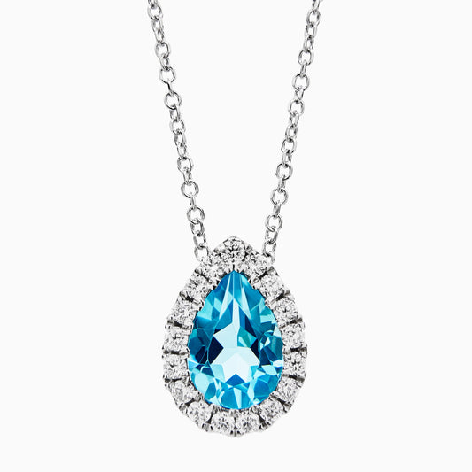 Pear Cut Blue Topaz & Diamond Halo Pendant Necklace in White Gold
