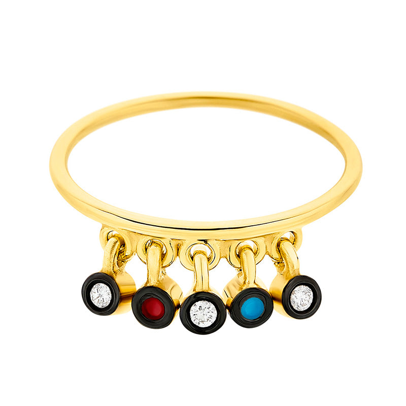 Five Charms Diamond Ring in 18K Yellow Gold & Enamel