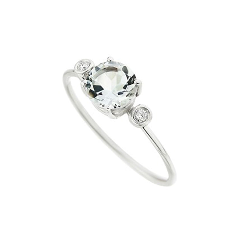 Diamond & Round White Topaz Solitaire Ring in 18K White Gold