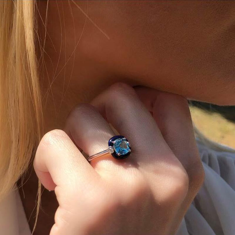 Diamond & Cushion Swiss Blue Topaz Solitaire Ring in 18K White Gold & Enamel