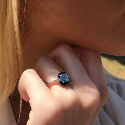 Diamond & Cushion Swiss Blue Topaz Solitaire Ring in 18K White Gold & Enamel