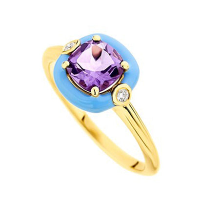Diamond & Cushion Amethyst Solitaire Ring in 18K Yellow Gold & Enamel