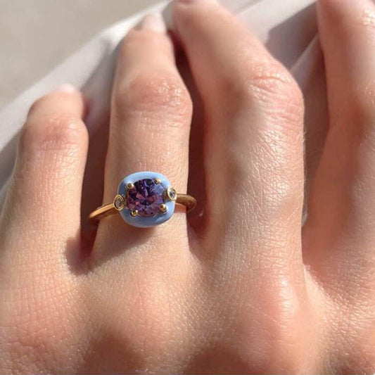 Diamond & Cushion Amethyst Solitaire Ring in 18K Yellow Gold & Enamel