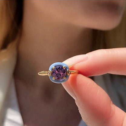 Diamond & Cushion Amethyst Solitaire Ring in 18K Yellow Gold & Enamel