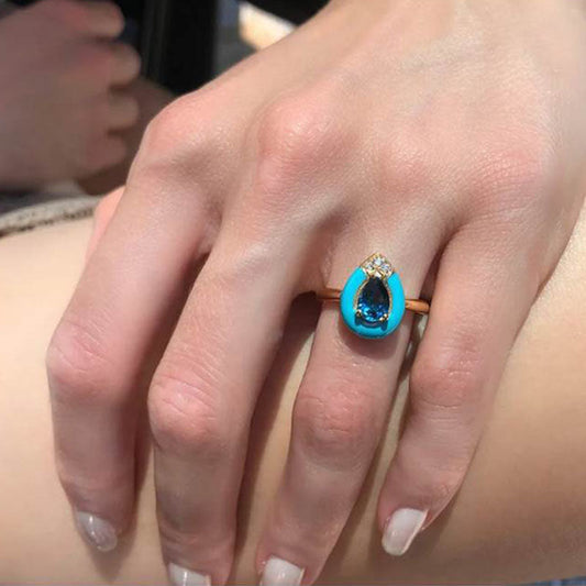 Diamond & Pear London Blue Topaz Solitaire Ring in 18K Yellow Gold & Enamel