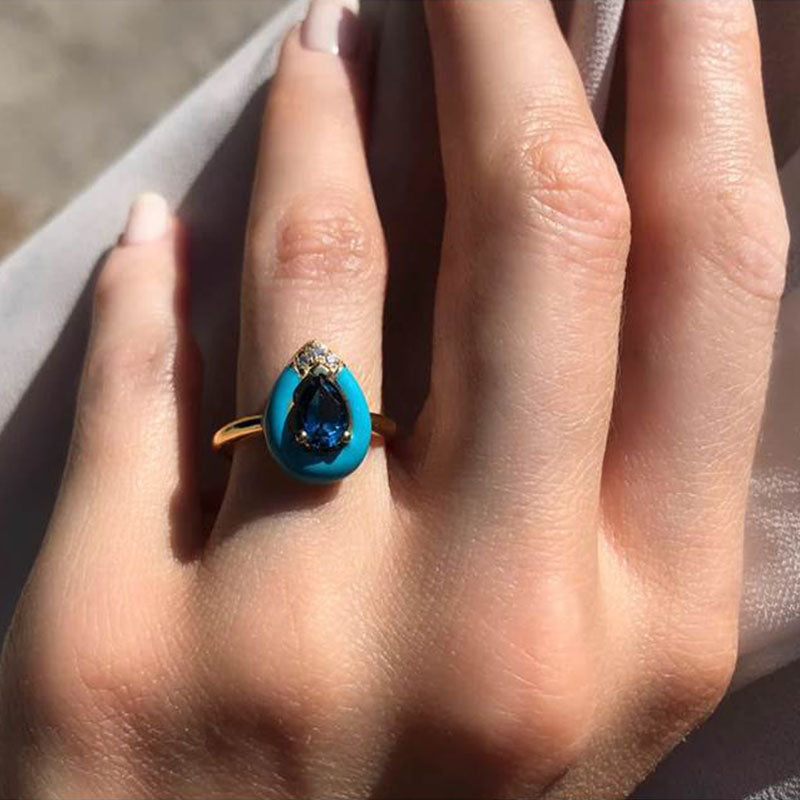 Diamond & Pear London Blue Topaz Solitaire Ring in 18K Yellow Gold & Enamel
