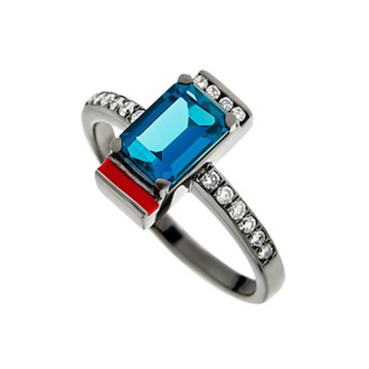 Futuro Diamond & London Blue Topaz Solitaire Ring in 18K Blackened White Gold & Enamel
