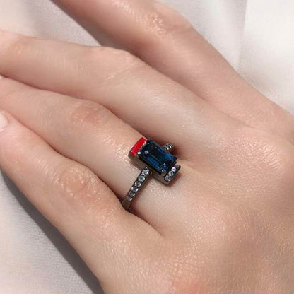 Futuro Diamond & London Blue Topaz Solitaire Ring in 18K Blackened White Gold & Enamel