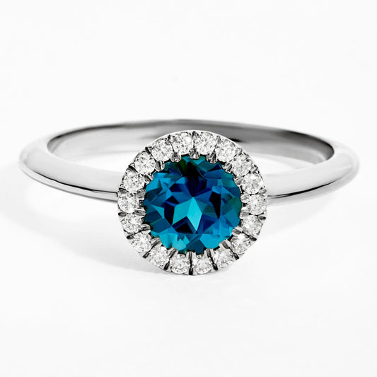 Round London Blue Topaz & Diamond Solitaire Ring in White Gold