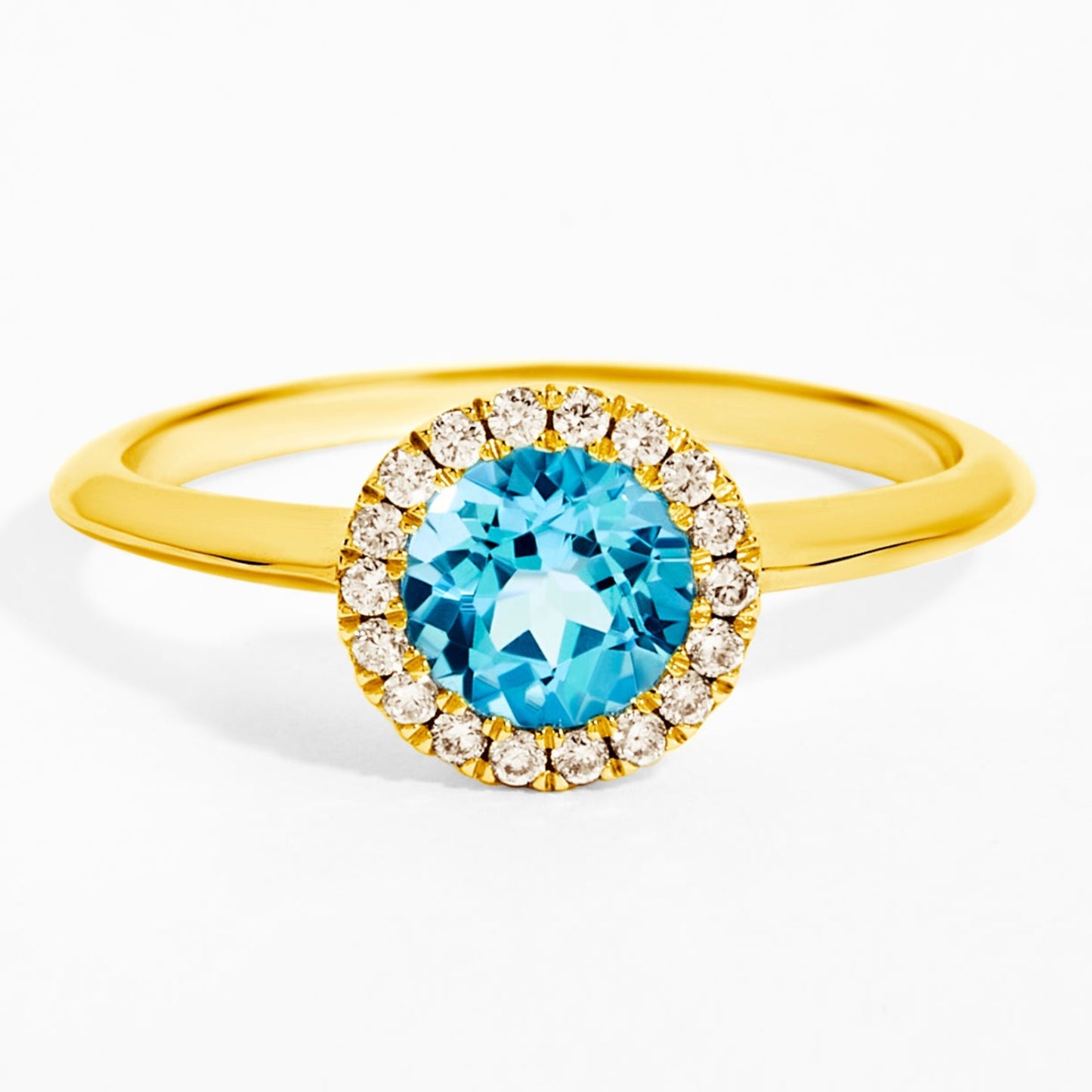 Round Swiss Blue Topaz & Diamond Solitaire Ring in Yellow Gold