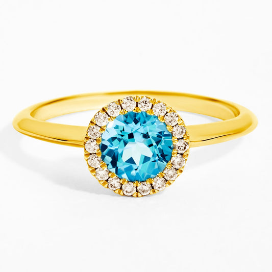 Round Swiss Blue Topaz & Diamond Solitaire Ring in Yellow Gold