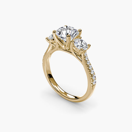 Three-Stone with Pavé Band Round in Yellow Gold
