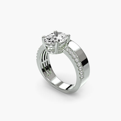 Wide Band Solitaire with Pavé Band in White Gold
