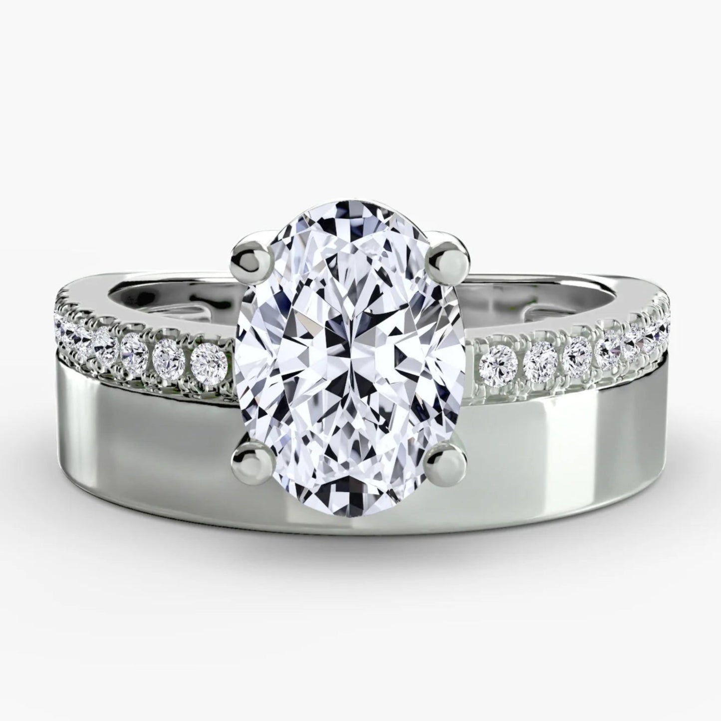 Wide Band Solitaire with Pavé Band in White Gold