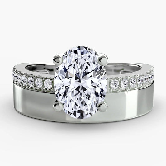Wide Band Solitaire with Pavé Band in White Gold