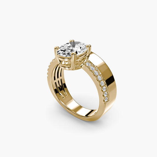 Wide Band Solitaire with Pavé Band in Yellow Gold