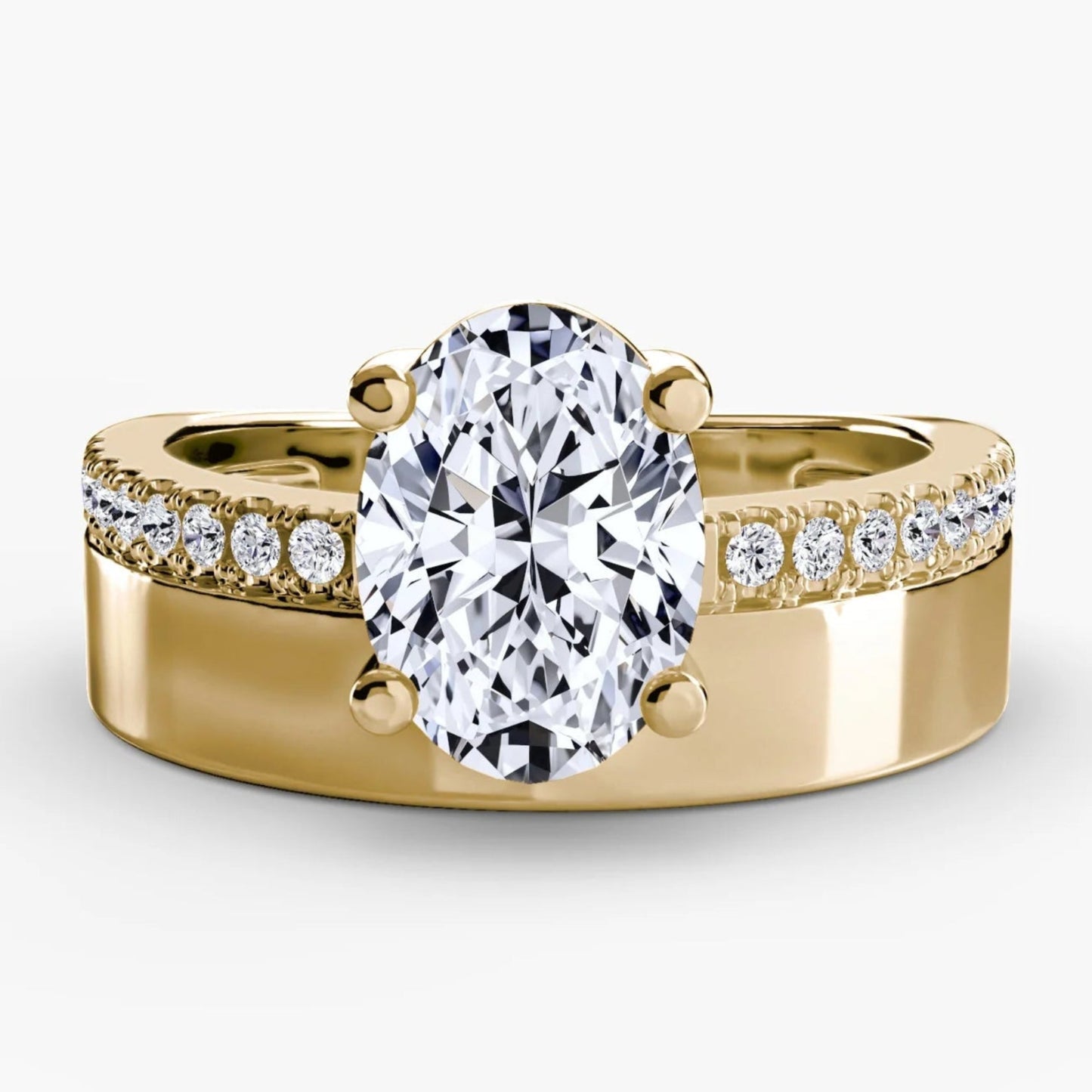 Wide Band Solitaire with Pavé Band in Yellow Gold