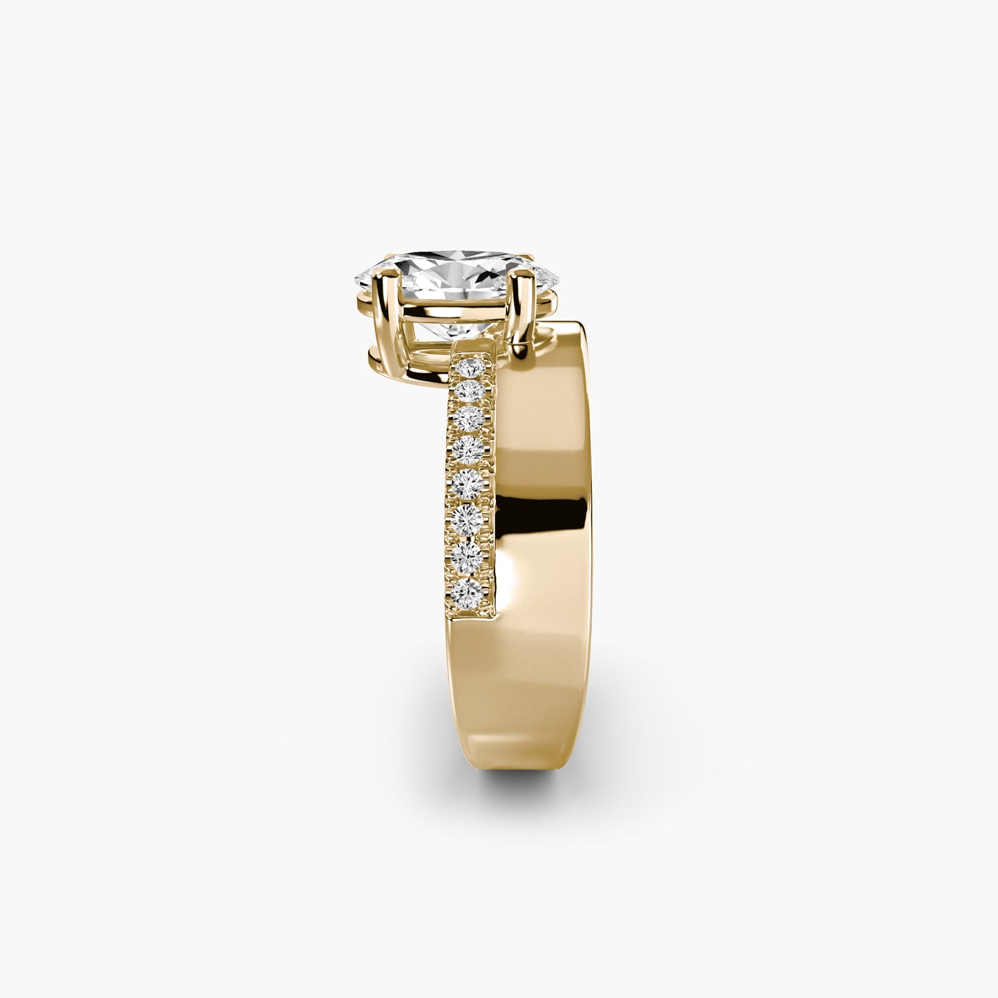 Wide Band Solitaire with Pavé Band in Yellow Gold